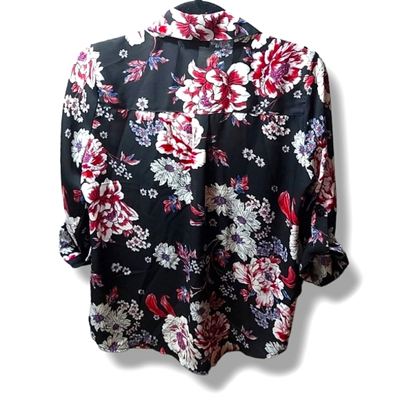 IZ Byer EUC Black Floral Print Roll Tab Sleeve Button Up Blouse - Women's MEDIUM - Picture 4 of 6